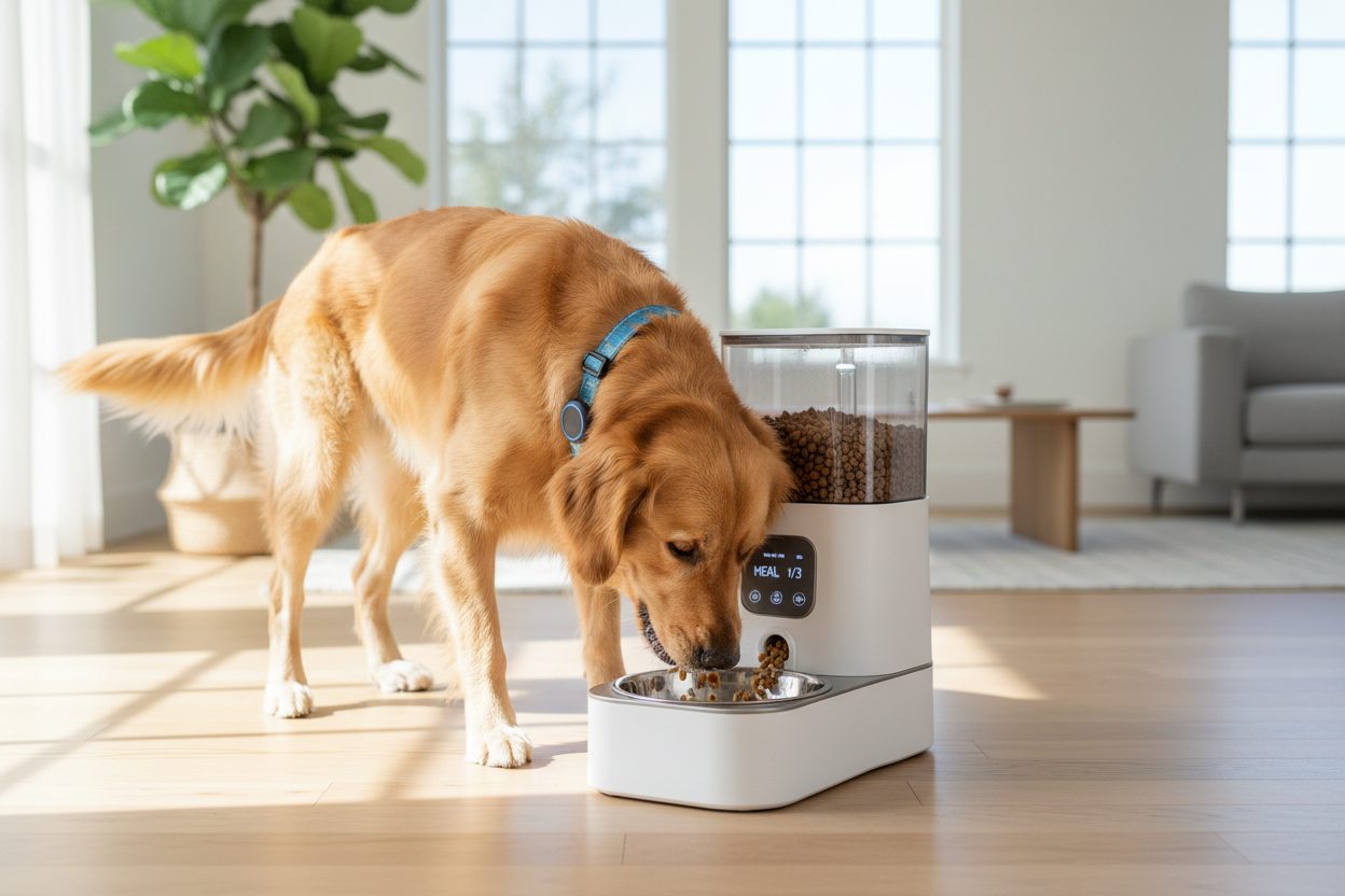 Dog feeds thru automatic feeder and wears a tracking collar 
