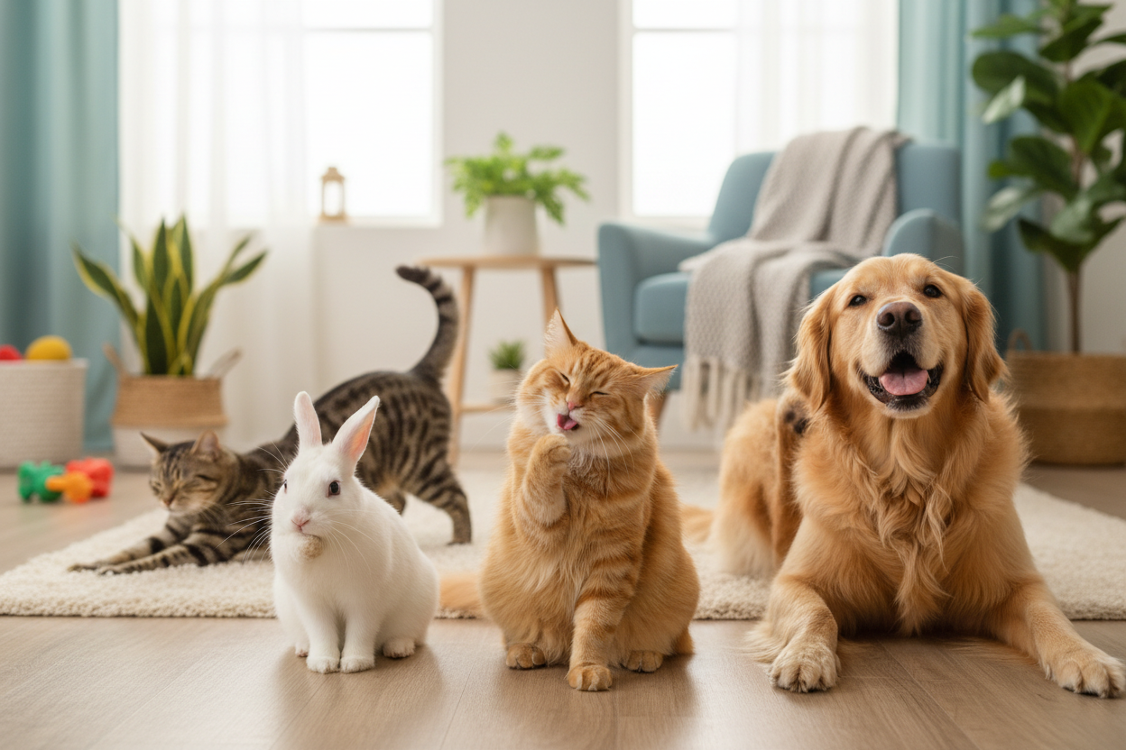 Generate an image of pets grooming and taking care of themselves 