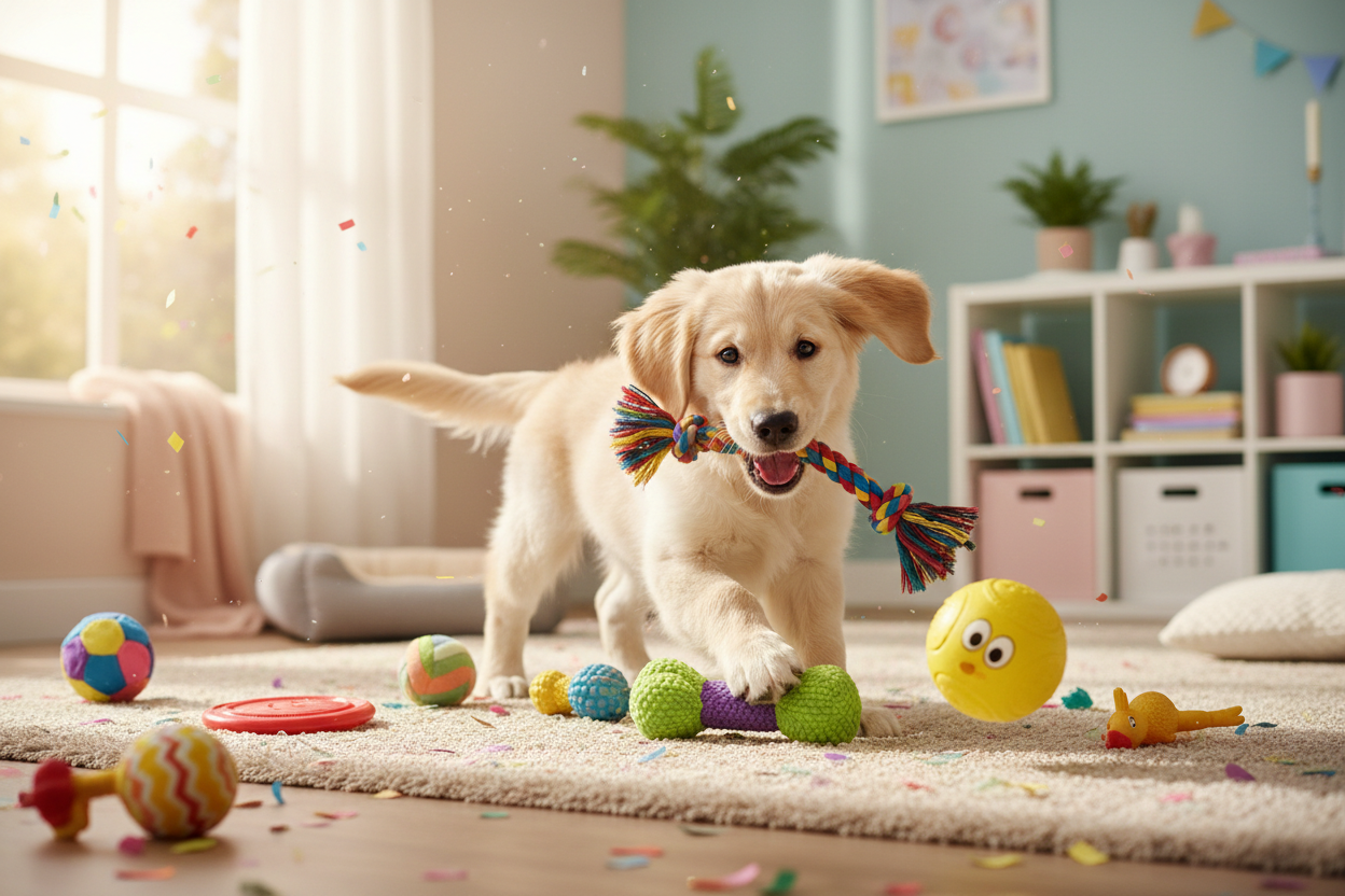 Puppy playing with dog toys